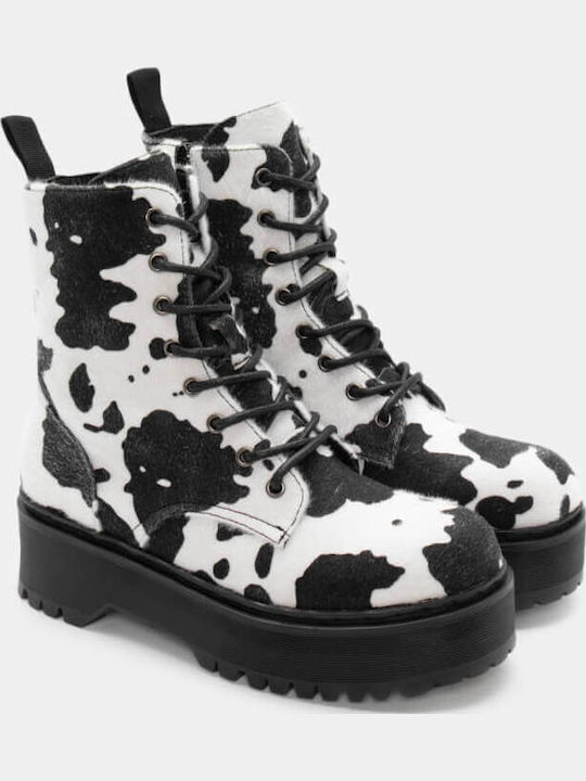 Damen Kampfstiefel mit Mittelhohem Absatz Weiß/Schwarz