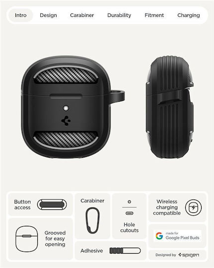 Spigen Rugged Armor Θήκη με Γάντζο σε Μαύρο χρώμα για Google Pixel Buds 2a