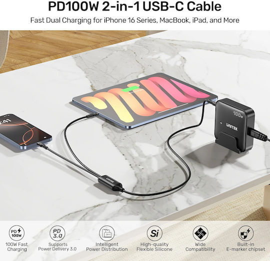 Cablu Usb-c Unitek Pd100w 2-in-1 Dual Încărcare C14146abk01-1.8m