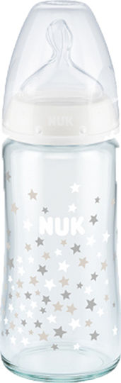 Nuk Glass Baby Bottle First Choice Plus Anti-colic with Silicone Teat for 0-6 Months White Stars - White 240ml