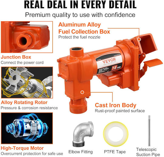 Vevor Fuel Transfer Pump 12V DC 16 GPM 1/4 HP Gasoline Extractor Pump Automatic Nozzle Discharge Hose & Suction Pipe Gasoline Diesel Kerosene Ethanol & Methanol Blends Biodiesel