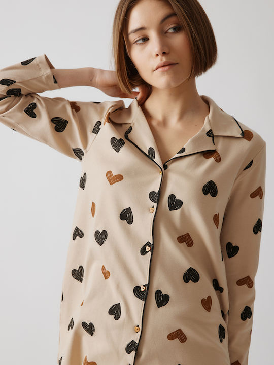 Minerva Χειμερινό Γυναικείο Σετ Πιτζάμας Beige, Black Hearts
