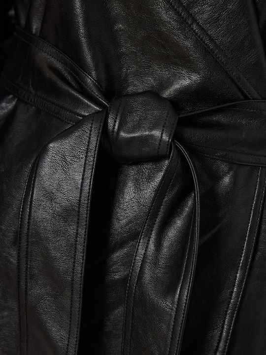 Women's Short Lifestyle Artificial Leather Jacket for Winter Black