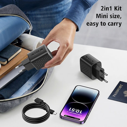 Lito Ladegerät GaN mit USB-C Anschluss und Kabel USB-C - USB-C 20W Stromlieferung Schwarzs (LC13)