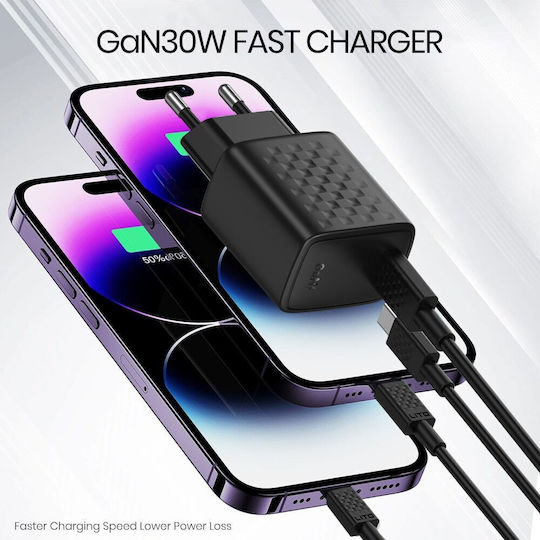 Lito Φορτιστής GaN με Θύρα USB-C και Καλώδιο USB-C - USB-C 30W Power Delivery Μαύρος (LC17)