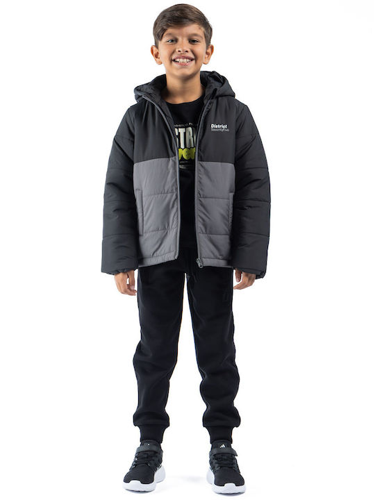 Kids Casual Short Hooded Black Jacket
