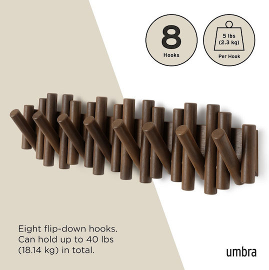 Umbra Wall Hanger Picket Wooden 8 Hooks Brown 61x4x17cm