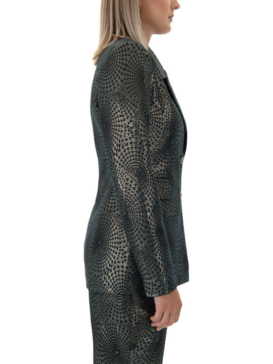 Moutaki Women's Waisted Blazer Μαύρο, Πράσινο, Χρυσό