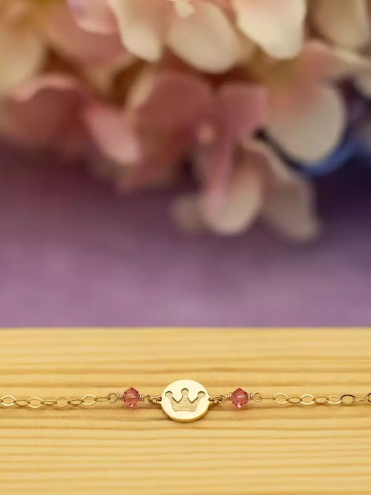 Kids Bracelet from Gold 14K with Baby Girl, Σταυρό, Crown & Stones