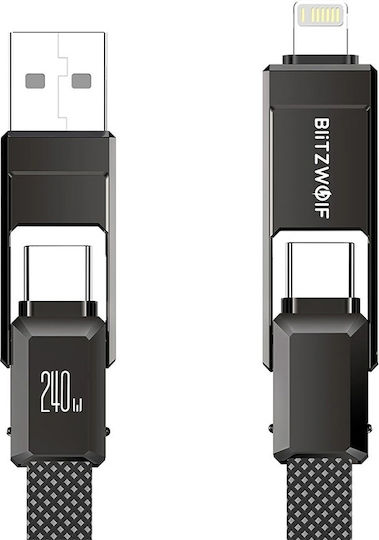 BlitzWolf Braided Cablu USB la Type-C / Lightning cu mai multe porturi 4A Negru 1.2m