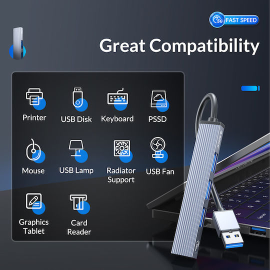 Orico Hub 4 Θυρών USB 3.0 με σύνδεση USB-A Γκρι