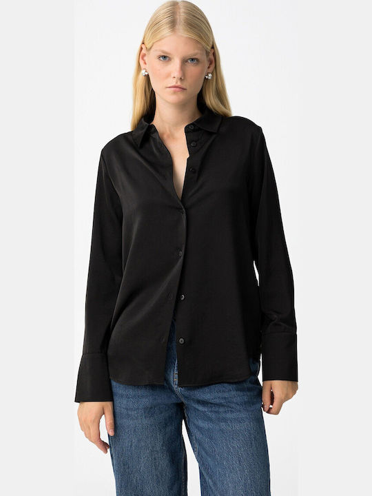 Women's Satin Long Sleeve Shirt Black