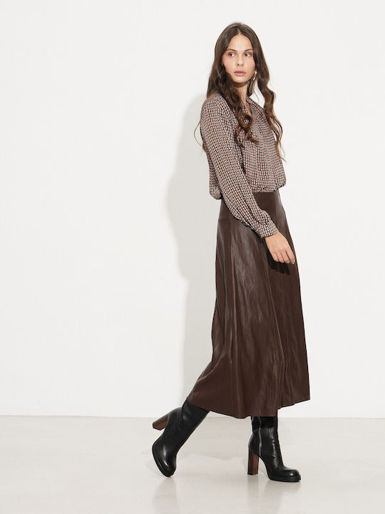 Leather High-waisted Midi Skirt Brown