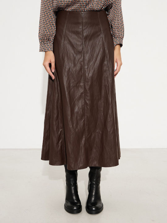 Leather High-waisted Midi Skirt Brown