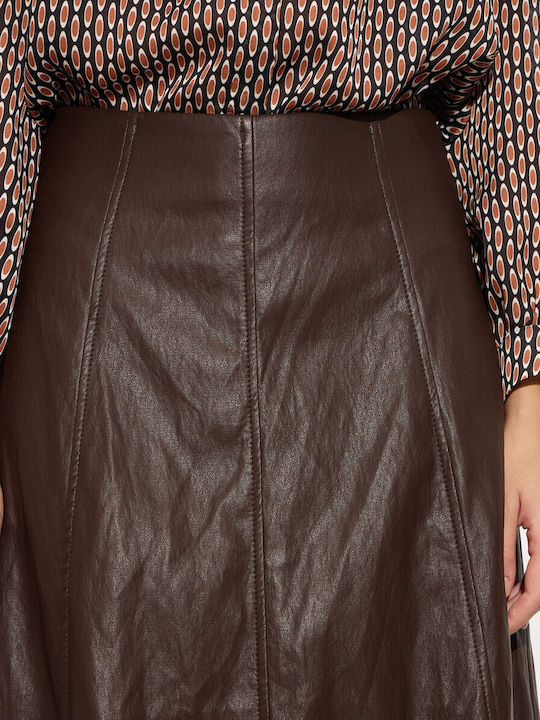 Leather High-waisted Midi Skirt Brown