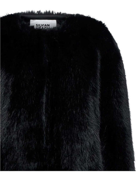 Women's Black Coat with Fur Details