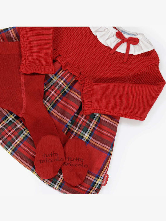 Girls Dress Long Sleeve Checked Set with Tights Red