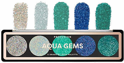 Profusion Cosmetics 5 Shade Glitter Eye Shadow Palette in Solid Form Aqua Gems