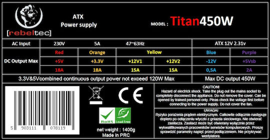 Rebeltec Titan 450W Black Computer Power Supply Full Wired