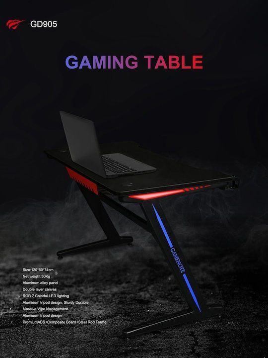 Γραφείο Gaming Gamenote Μαύρο με Μεταλλικά Πόδια & LED 120x60x74εκ.