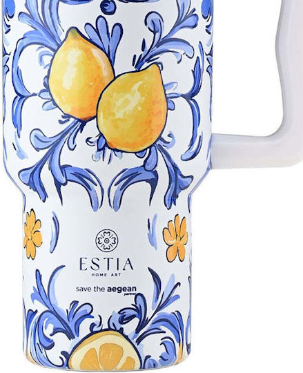 Estia Save Aegean Recyclable Handled Tumbler Thermos Stainless Steel BPA Free 900ml AMALFI COAST with Straw and Handle