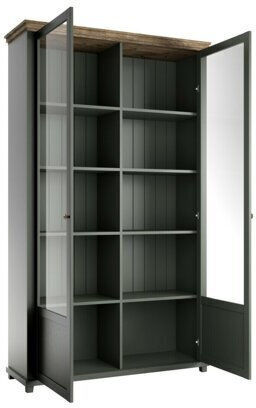 Tolnue 102 Bodenstehend Wohnzimmer Vitrine aus Holz & Metall mit Glas & Beleuchtung Σκούρο Πράσινο 126x42x200cm