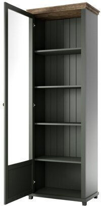Tolnue 101 Bodenstehend Wohnzimmer Vitrine aus Holz & Metall mit Glas & Beleuchtung Δρυς Λευκάδας, Σκούρο Πράσινο 71x42x200cm