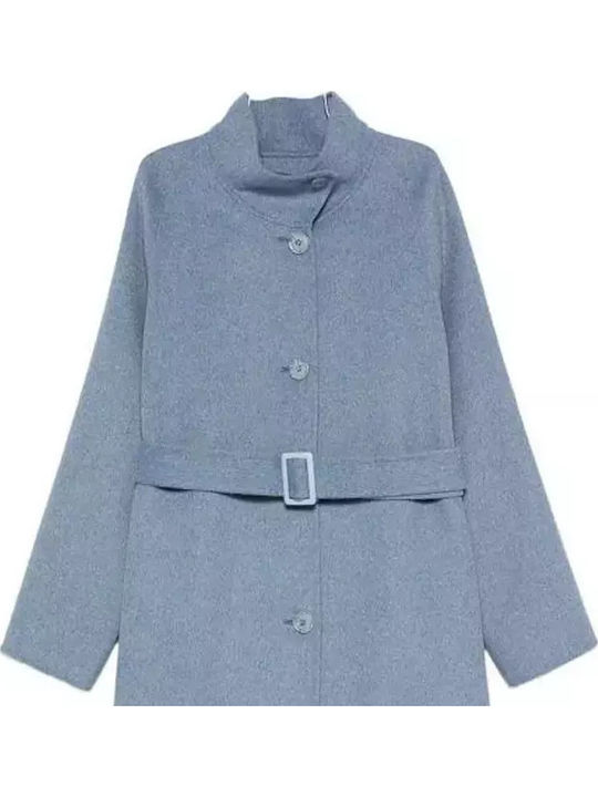 Woolen Women's Blue Melange Coat with Belt