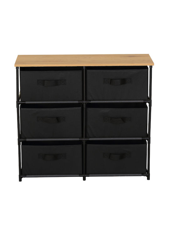 Soren Wooden & Metallic Chest of Drawers with 6 Drawers Black/oak with Fabric Coating 76x30x68cm