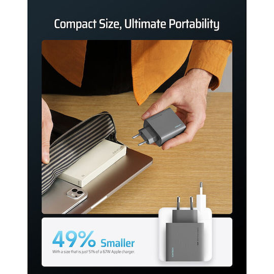 Cuktech Φορτιστής Χωρίς Καλώδιο GaN με Θύρα USB-A και 2 Θύρες USB-C 65W Μαύρος (2C1A)