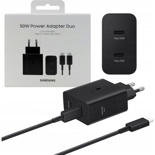 Samsung Φορτιστής με 2 Θύρες USB-C και Καλώδιο USB-C - USB-C 50W Power Delivery Μαύρος (EP-T5020X)