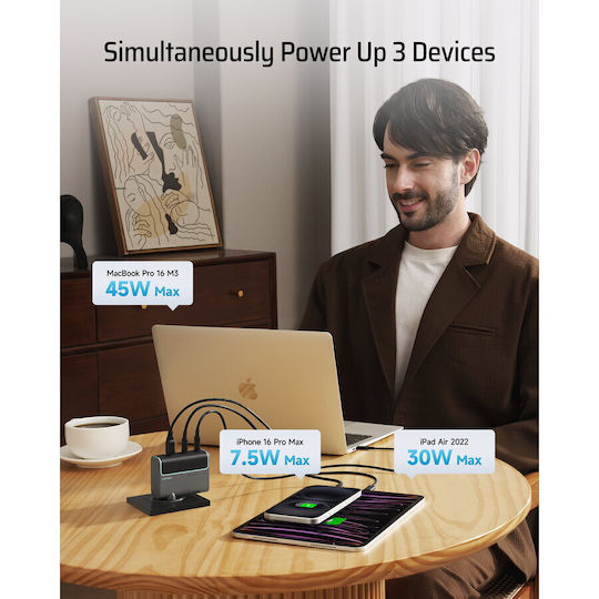 Cuktech Φορτιστής GaN με Θύρα USB-A και 2 Θύρες USB-C και Καλώδιο USB-C - USB-C 100W Power Delivery Γκρι (2C1A)