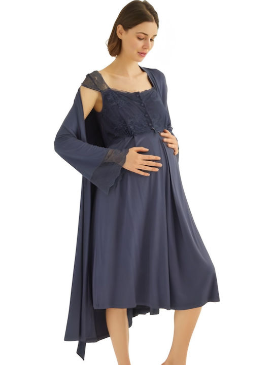 Monamise Nightdress with Maternity Robe & Nursing in Blue color