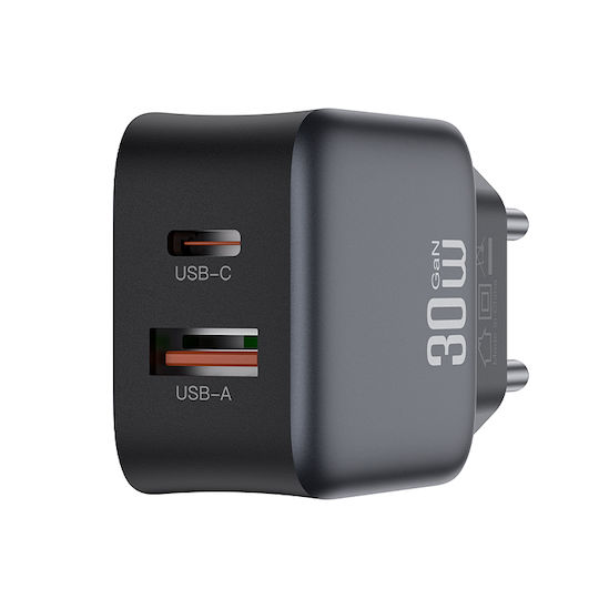 XO GaN с USB-A порт и USB-C порт и кабел USB-C - Lightning 30W Quick Charge 2.0 / Quick Charge 3.0 Черен (L156)