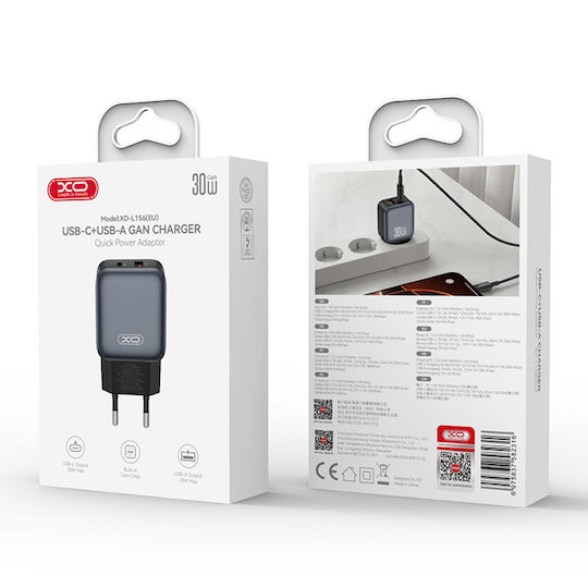 XO GaN с USB-A порт и USB-C порт и кабел USB-C - Lightning 30W Quick Charge 2.0 / Quick Charge 3.0 Черен (L156)