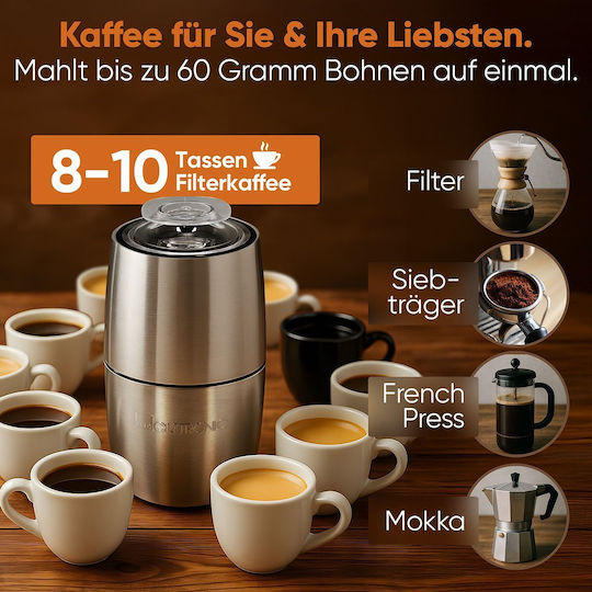 Clatronic Râșniță electrică pentru cafea 150W cu capacitate de boabe 60gr Argintiu