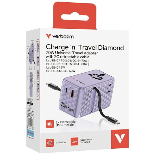 Verbatim Charger GaN with USB-A Port and USB-C Port and Cable USB-C 70W Power Delivery / Quick Charge 4+ Purple (Charge 'n' Travel)
