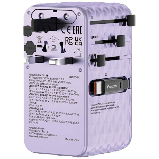 Verbatim Charger GaN with USB-A Port and USB-C Port and Cable USB-C 70W Power Delivery / Quick Charge 4+ Purple (Charge 'n' Travel)
