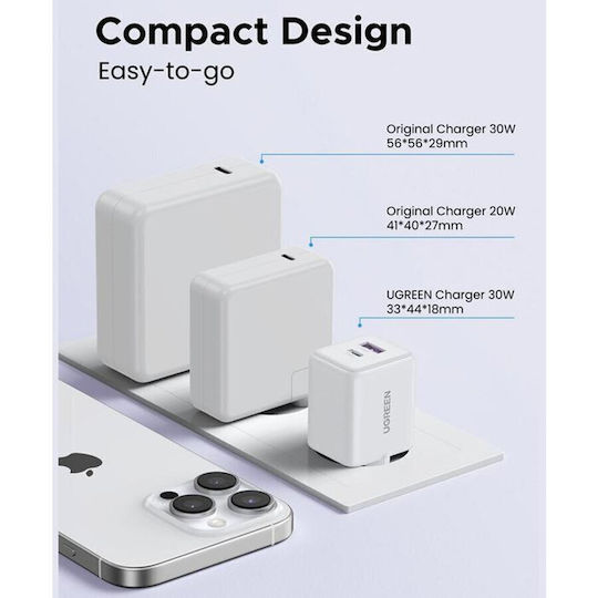 Ugreen Charger Without Cable GaN with USB-A Port and USB-C Port 30W Power Delivery Whites (X516)