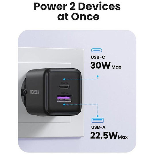 Ugreen Φορτιστής Χωρίς Καλώδιο GaN με Θύρα USB-A και Θύρα USB-C 30W Power Delivery Μαύρος (X516)