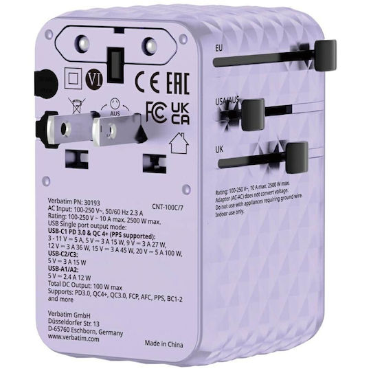 Verbatim Φορτιστής GaN με 2 Θύρες USB-A και 2 Θύρες USB-C και Καλώδιο USB-C 100W Power Delivery / Quick Charge 4+ Μωβ (Charge 'n' Travel)