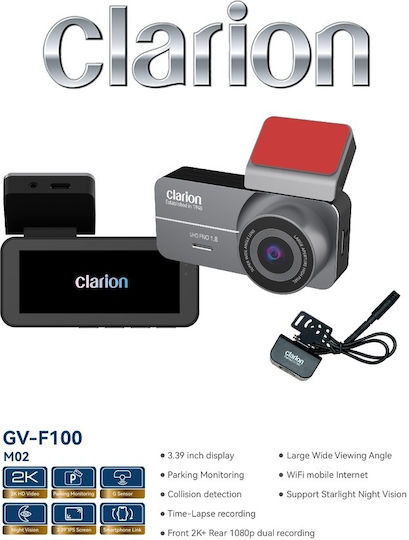 Clarion Комплект Автомобилна Камера DVR 1440P с Екран 3.39" Wi-Fi и Камера за Задно Виждане
