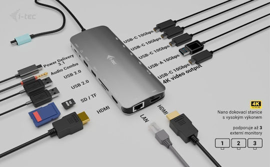 i-tec USB-C Docking Station with HDMI 4K PD Ethernet and Support for 2 Monitors Silver (C31NANOTRIPLED140)