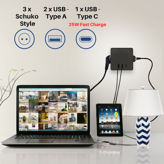 Smart PowerCube 6 Prize cu 2 USB-A și USB-C Gri