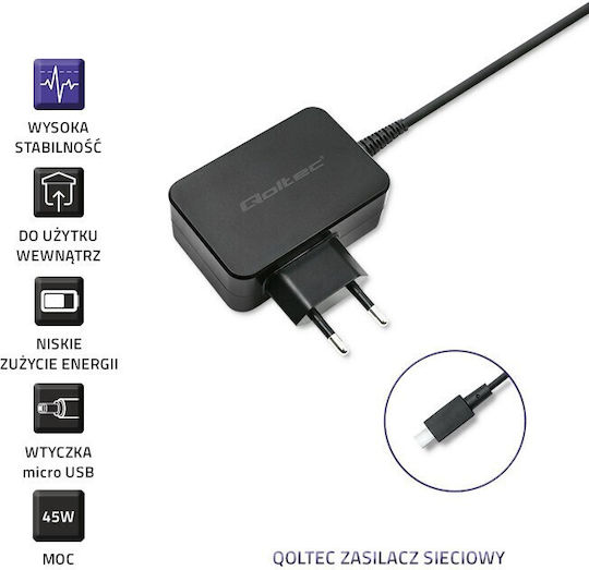 Qoltec Зарядно за лаптоп 33W 19V 1.75Спецификация за Asus с Отделяем Кабел за Захранване