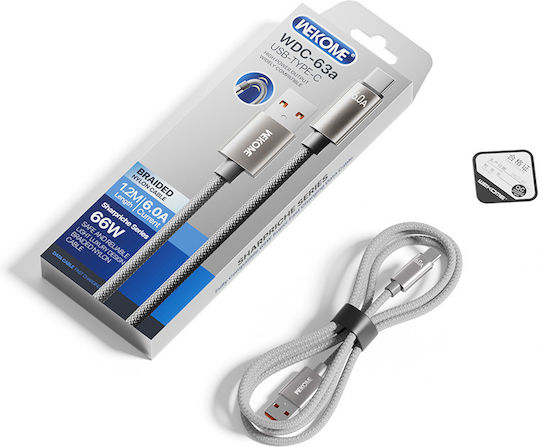 WK Braided USB 2.0 Cable USB-C male - USB-A 66W PD Γκρι 1.2m 250920