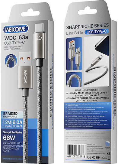 WK Braided USB 2.0 Cable USB-C male - USB-A 66W PD Γκρι 1.2m 250920