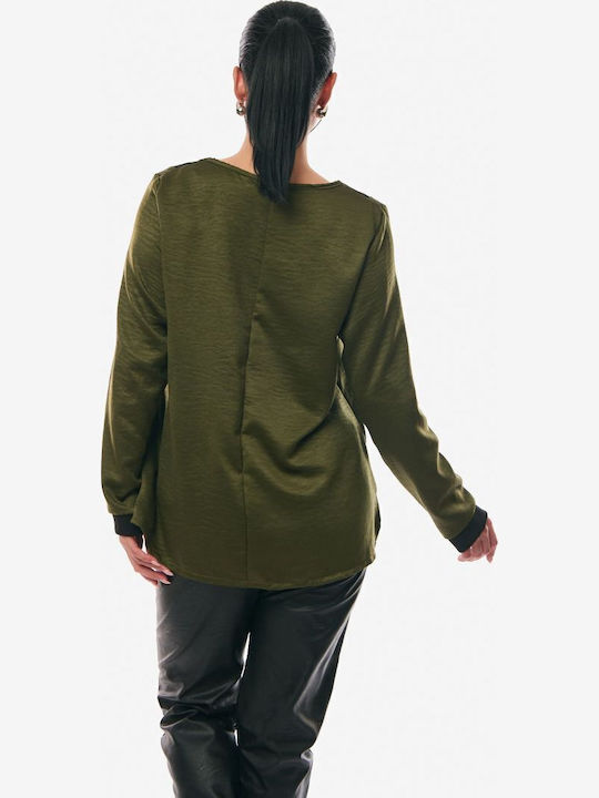 Women's Blouse Satin Long Sleeve with V Neckline Khaki