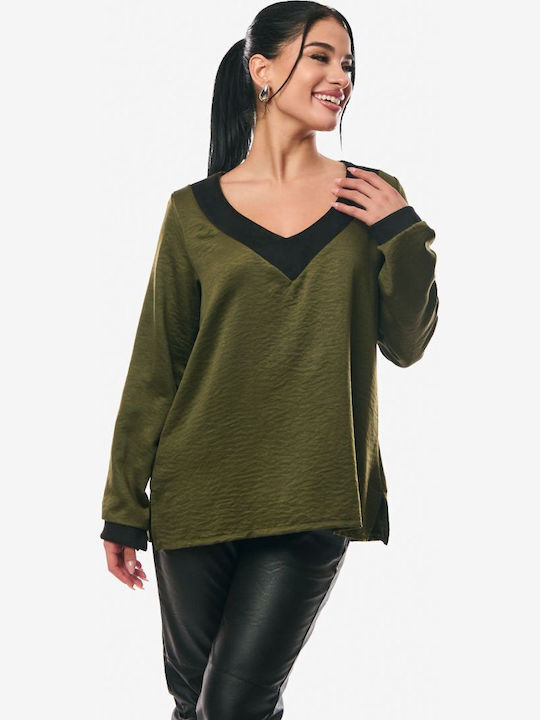 Women's Blouse Satin Long Sleeve with V Neckline Khaki