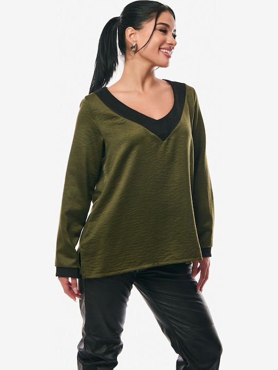 Women's Blouse Satin Long Sleeve with V Neckline Khaki